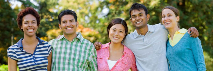 A diverse group of five young men and women.