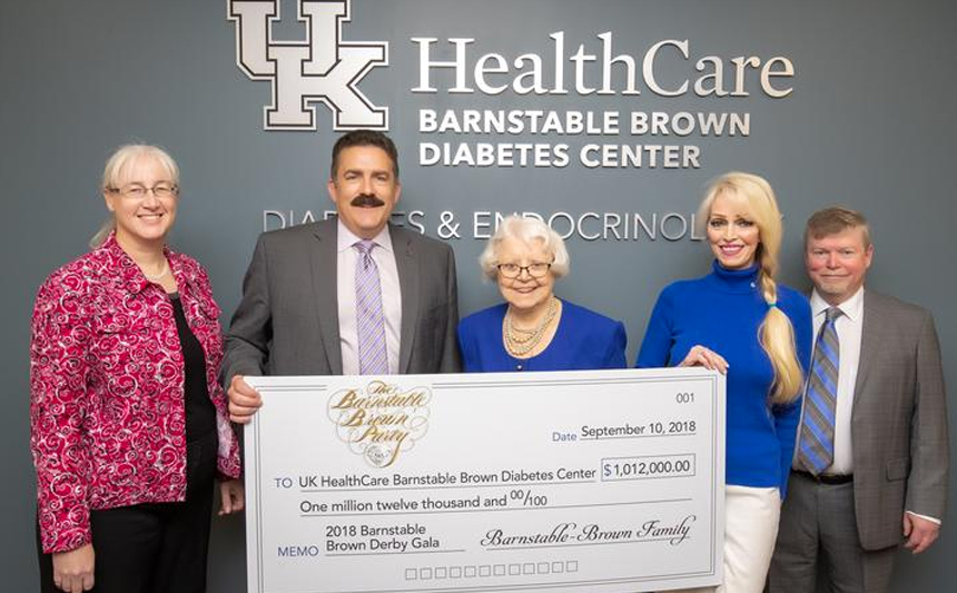 From left to right: Lisa Tannock, MD (Adult Endocrinology Division Chief) Laura Hieronymus, DNP, MSEd, RN, MLDE, BC-ADM, CDE, FAADE (Associate Director) Mark F. Newman, MD (Executive Vice President Health Affairs) Willie Barnstable Tricia Branstable-Brown John Fowlkes, MD (Director) UKHC, Monday Sept. 10, 2018 in Lexington, Ky. Photo by Mark Mahan