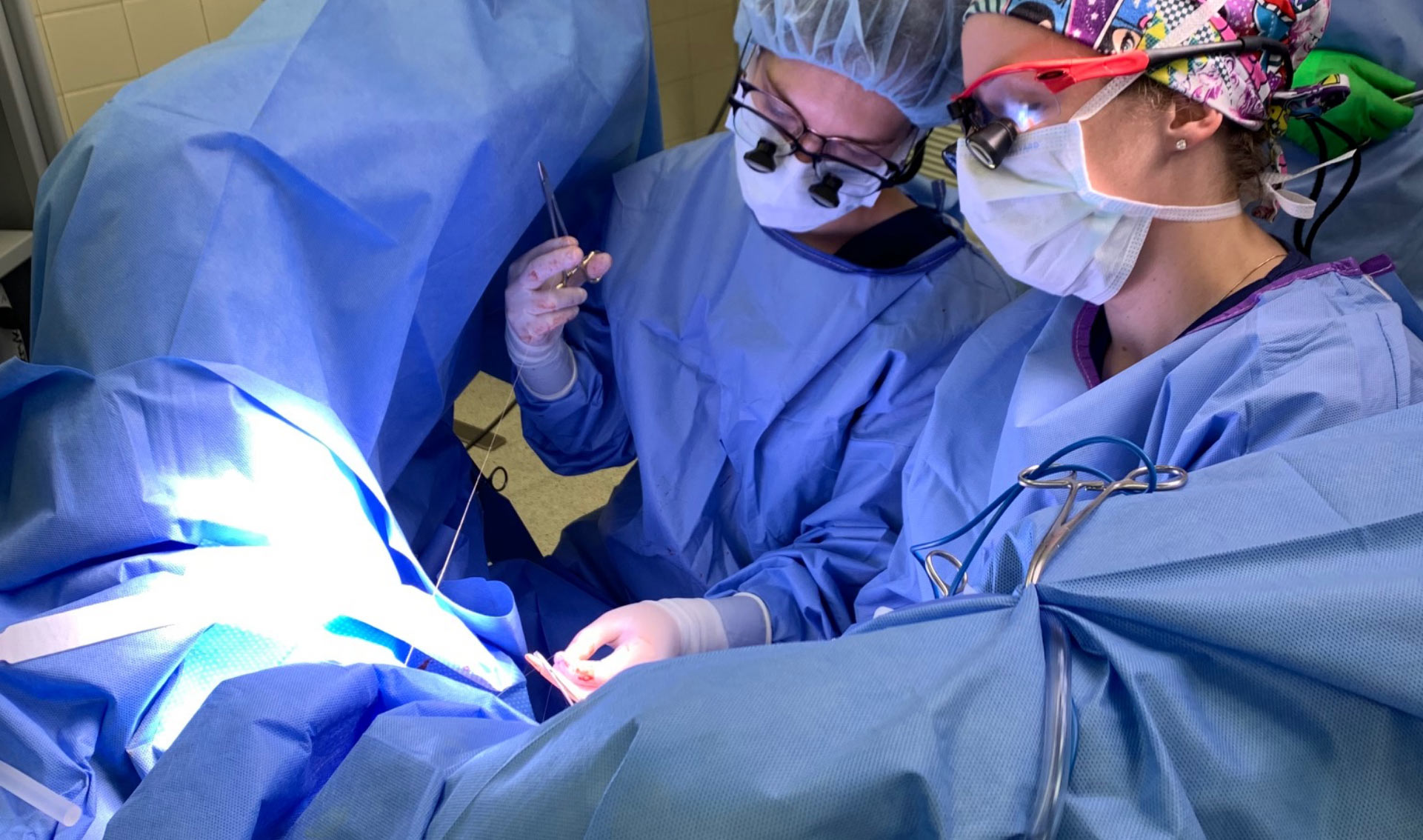 Dr. Amanda Saltzman and a surgical technician, both dressed in light blue scrubs, practicing techniques on an operating table.