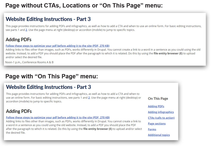 Example showing page width with and without page sections.