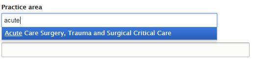 An example of auto-complete results in the practice area field.