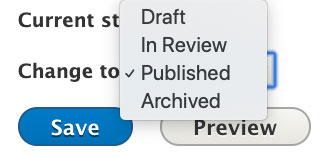 A screen capture showing the options for publishing status for a web page in Drupal CMS.