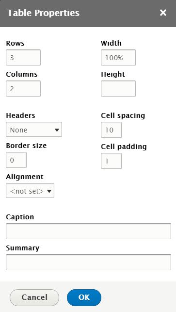 Drupal table properties dialog box