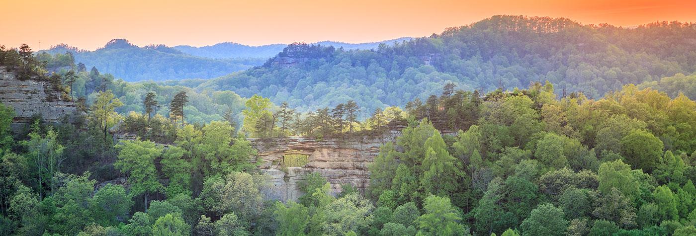 Double Arch rock formation at Red River Gorge in Kentucky at sunset