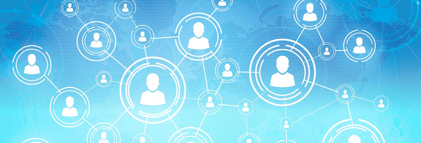 A stylized graphic depicts a network of communication via social media