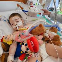 Crew Stone laying in a hospital bed with stuffed toys.