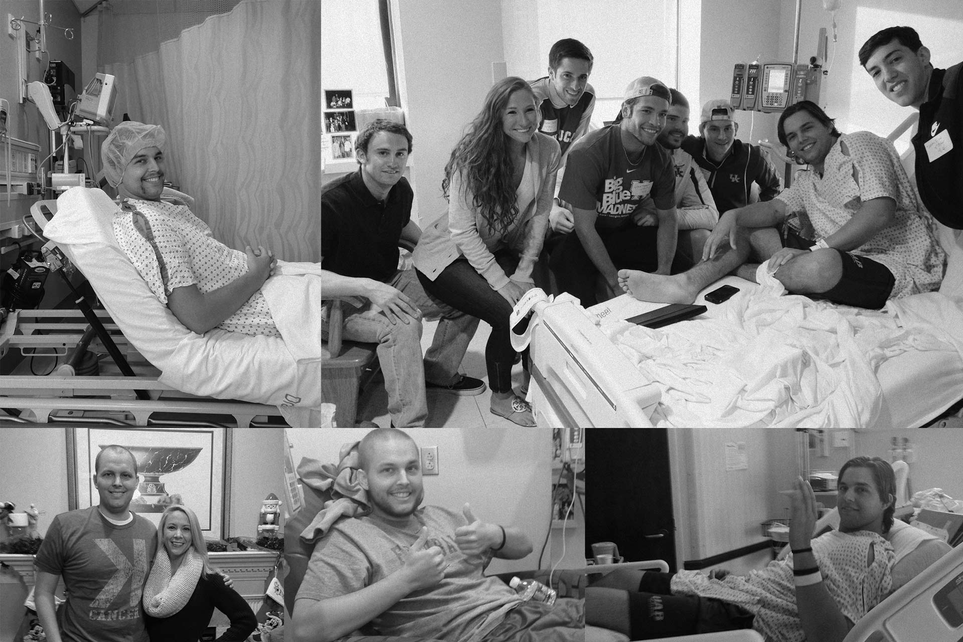 Grid of black-and-white images of Trent in the hospital during his treatments, showing friends visiting him. He is wearing a hospital gown and long brown hair in some images. In others, his hair is shaved off.