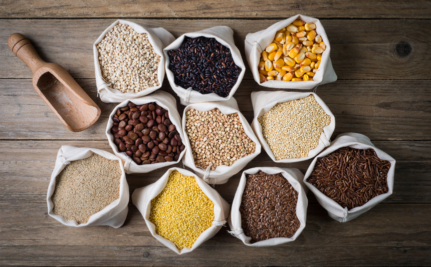 An assortment of dried grains.